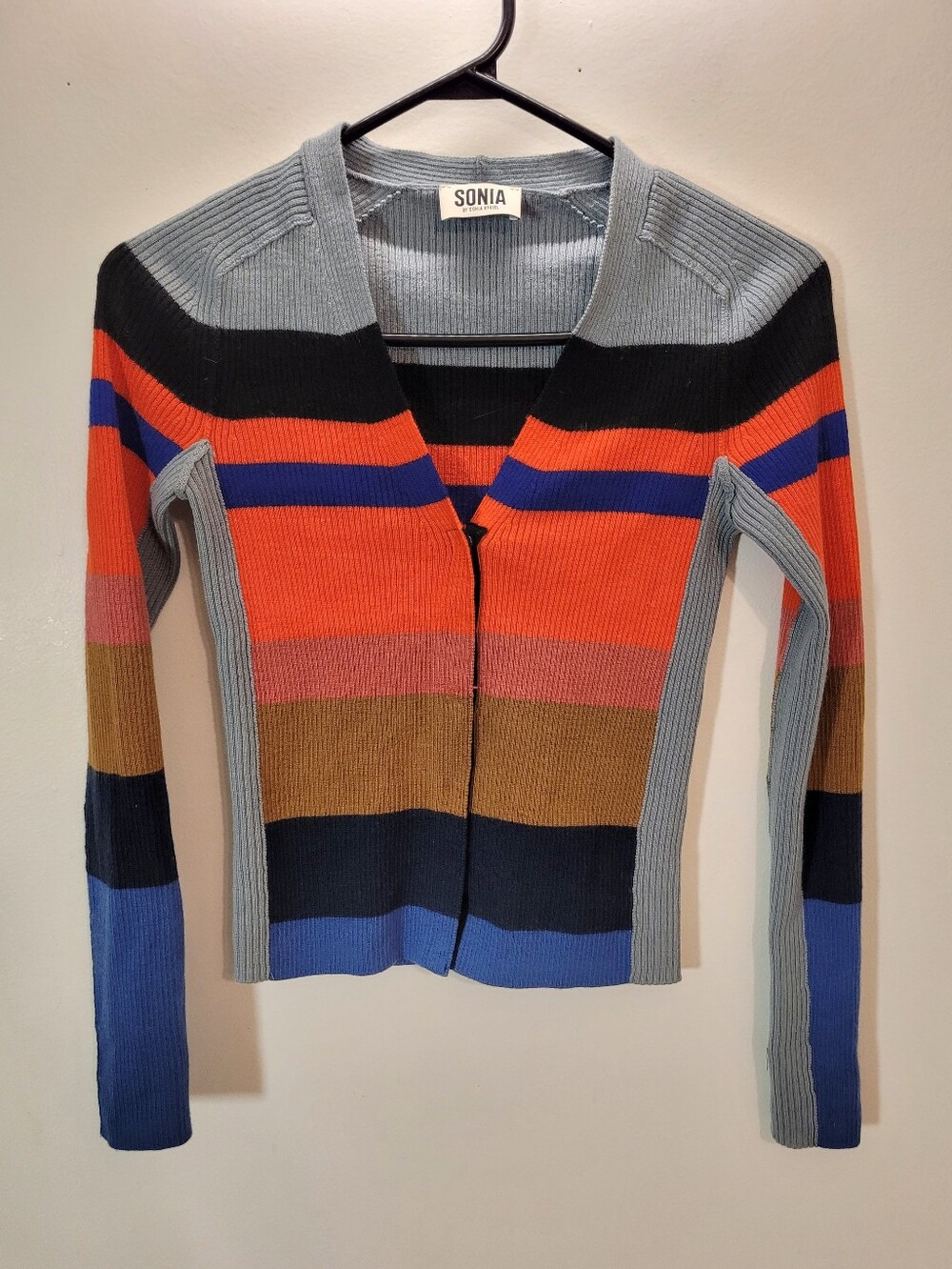 Sonia By Sonia Rykiel Ribbed Multicolor Striped Wool Cardigan Snap Buttons - S